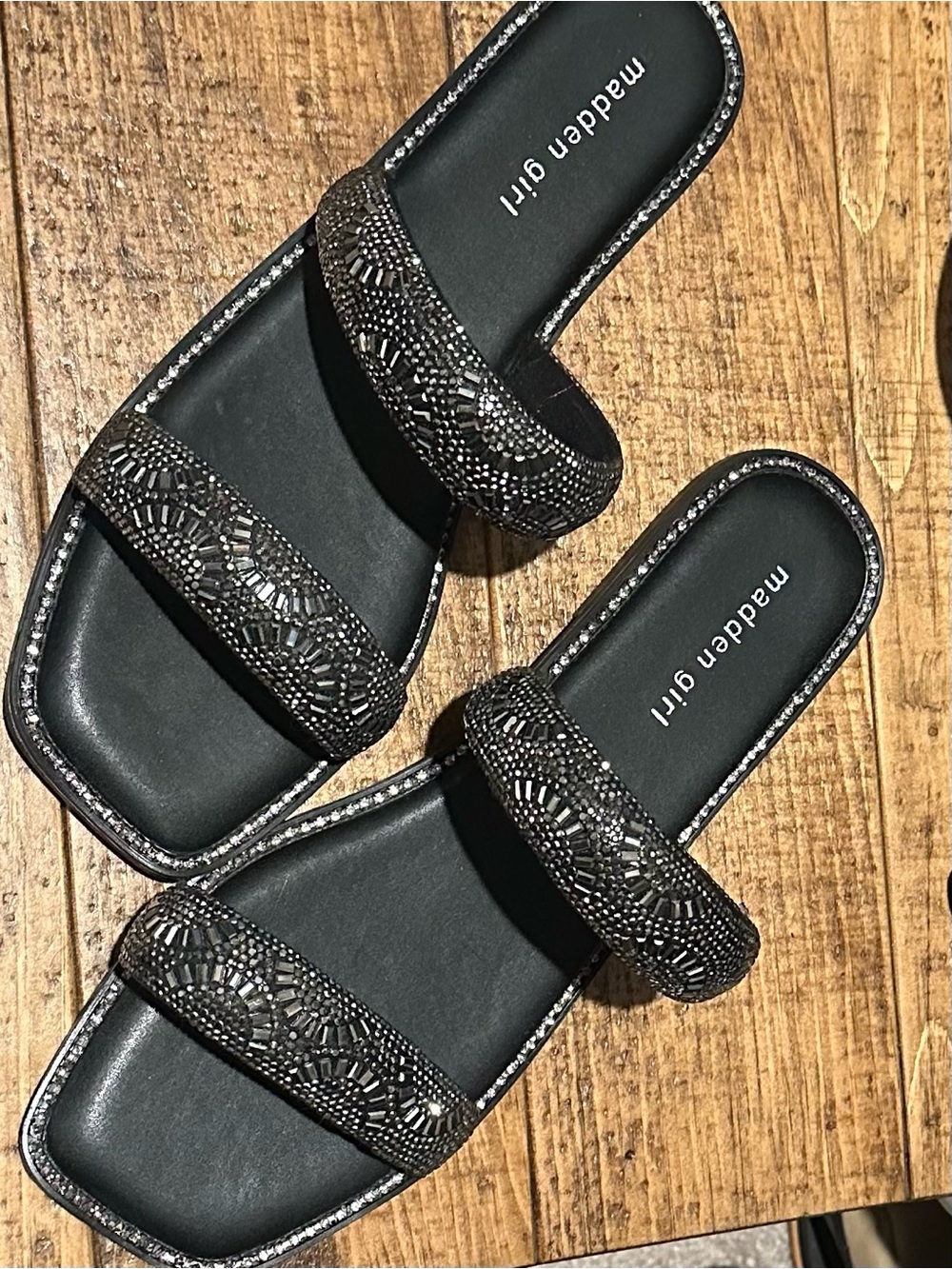Madden Girl Black Beaded Double-Strap Slide Sandals
